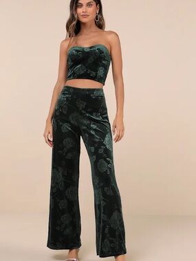 Lulu's Sensational Attitude Emerald Green Burnout Velvet Wide-Leg & Crop Top Set